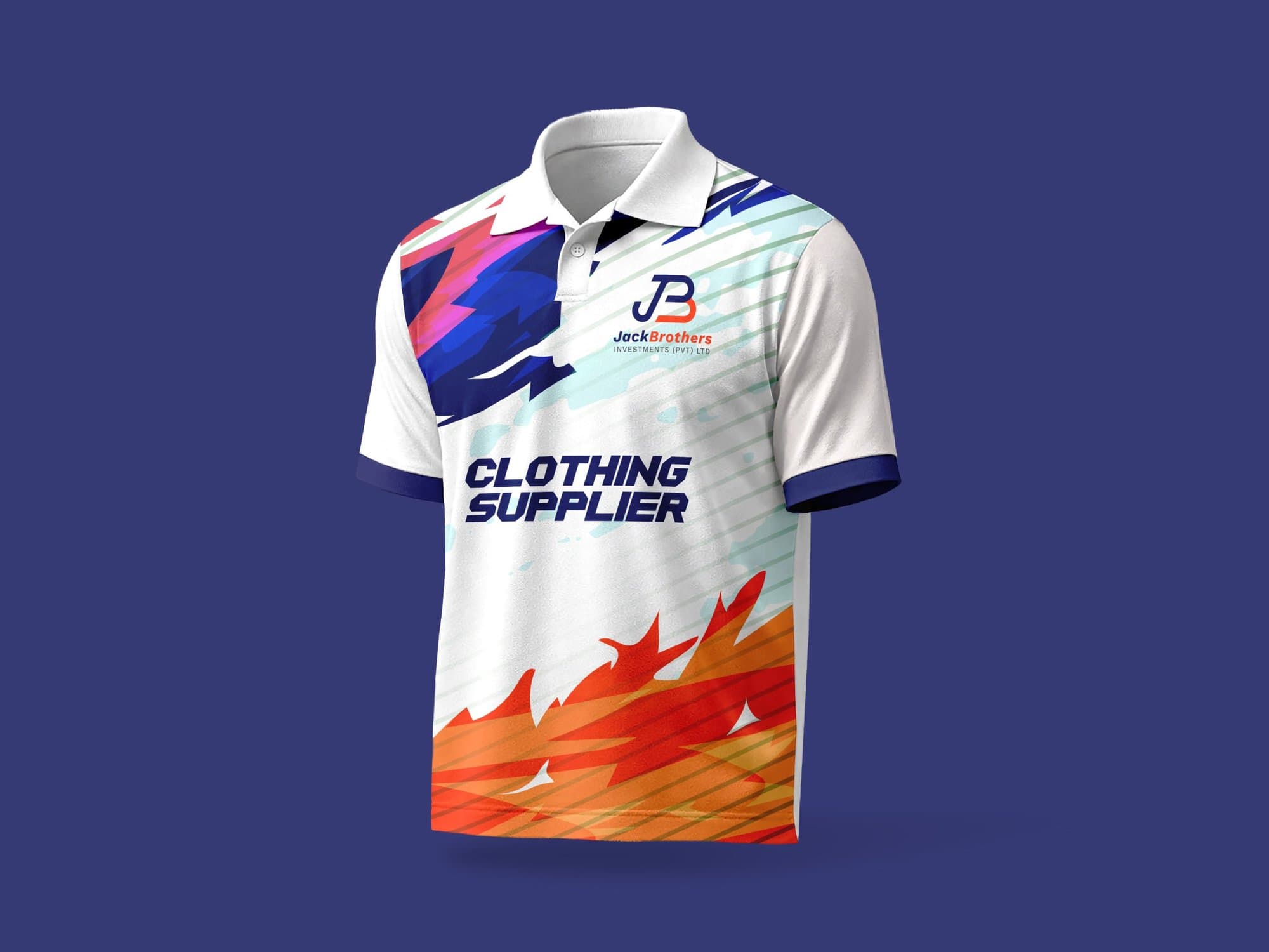 White sublimated golf shirt with navy and orange design and the Jack Brothers logo