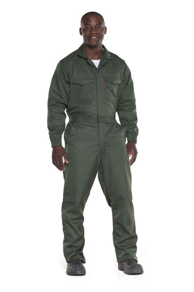 Man in a bottle-green boiler suit and work boots