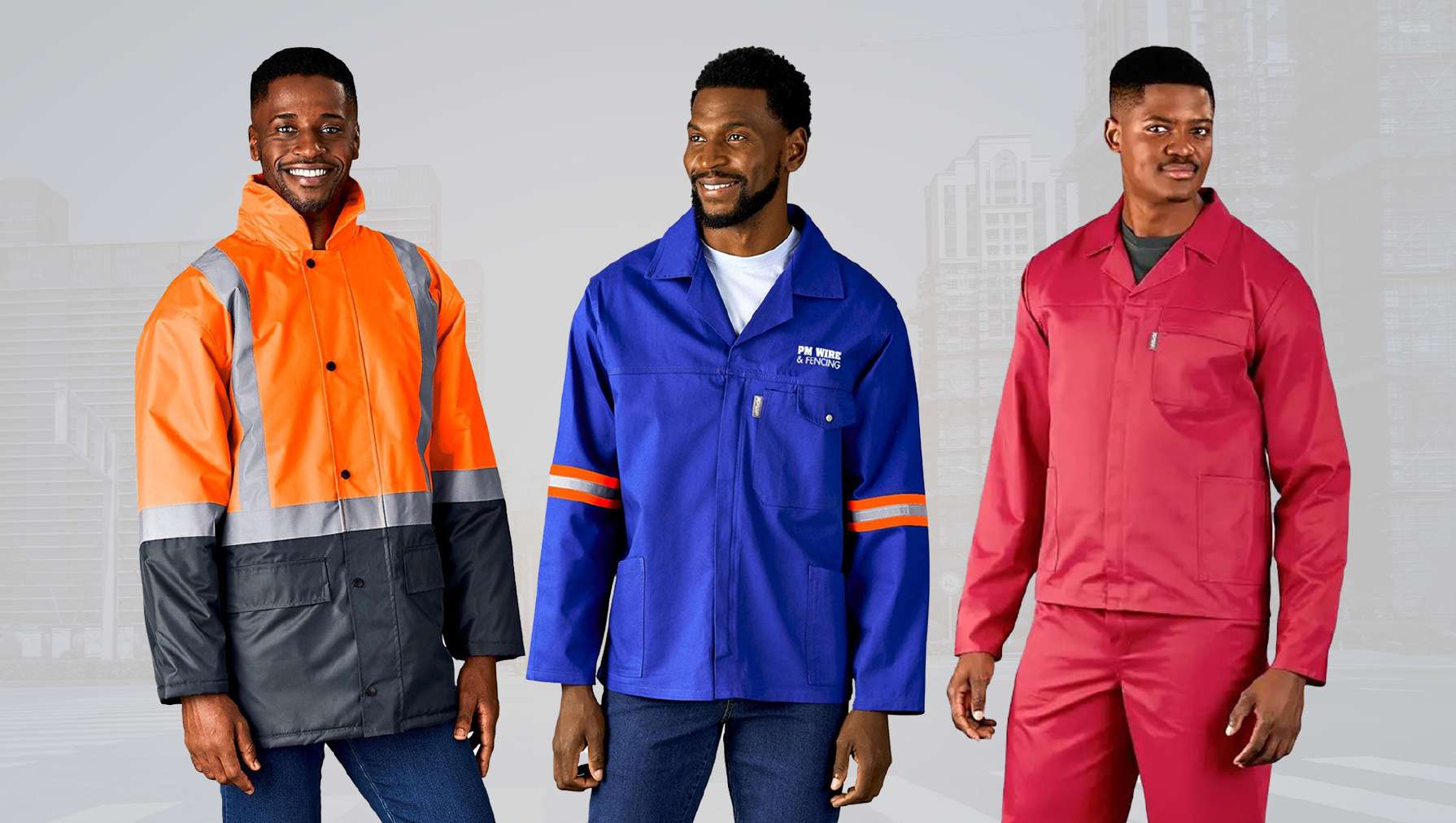 Three workers in an orange hi-vis jacket, a blue work jacket and a red work suit