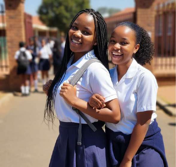 Two smiling students in white shirts and navy skirts