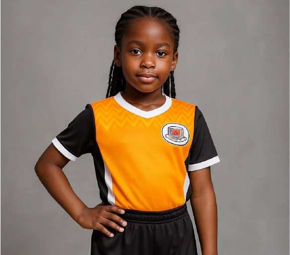 Girl in an orange and black sports shirt with a school crest